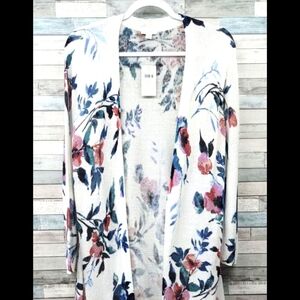 J.JILL LINEN BLEND WHITE FLORAL PRINT OPEN FRONT DUSTER/CARDIGAN